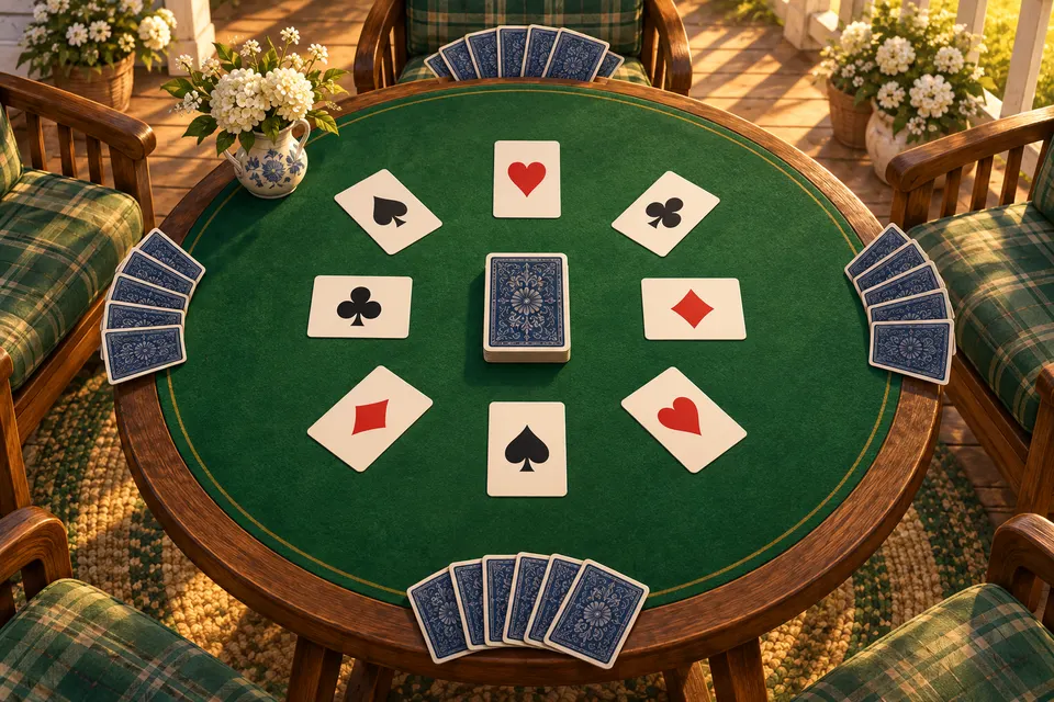 Kings Corner cards laid out on a green felt table