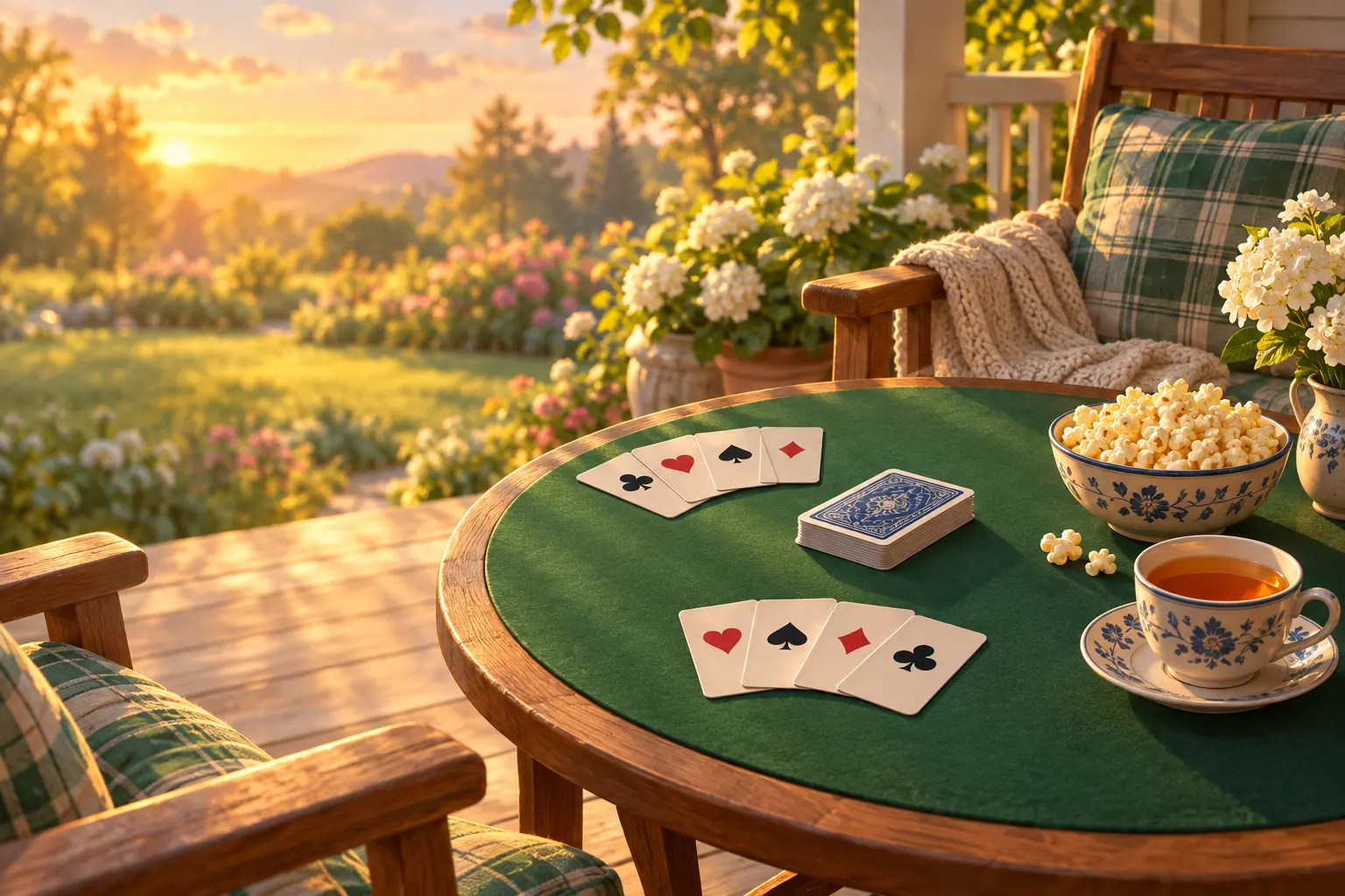 A card table on a sunny porch with cards, tea and popcorn